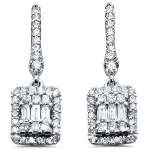 14K White Gold Round & Baguette Diamond Emerald Cut Shape Dangling Earring