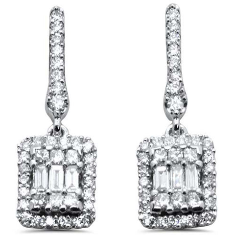 14K White Gold Round & Baguette Diamond Emerald Cut Shape Dangling Earring