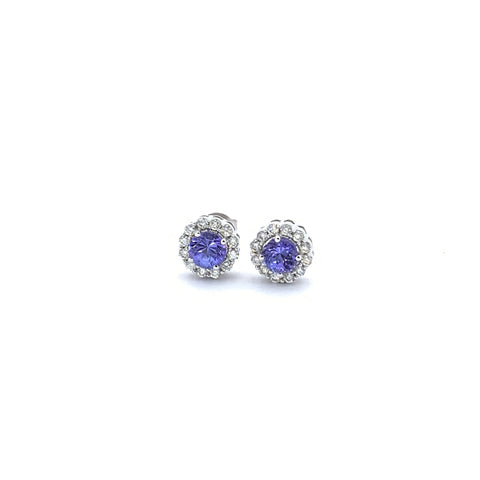 ROUND CUT TANZANITE AND DIAMOND HALO EARRINGS