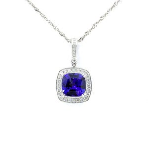 CUSHION CUT TANZANITE AND DIAMOND HALO PENDANT