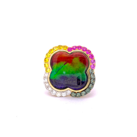 EXCEPTIONAL AMMOLITE WITH MULTI COLOR SAPPHIRE AND DIAMOND RING