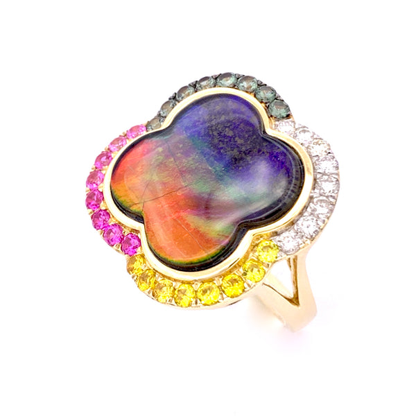 EXCEPTIONAL AMMOLITE WITH MULTI COLOR SAPPHIRE AND DIAMOND RING