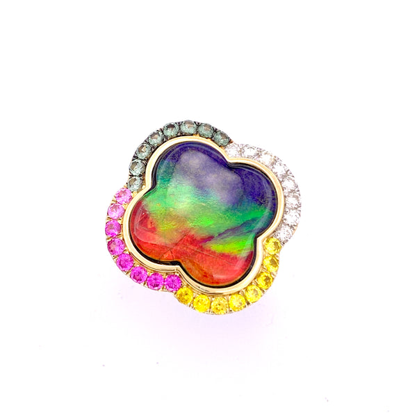 EXCEPTIONAL AMMOLITE WITH MULTI COLOR SAPPHIRE AND DIAMOND RING