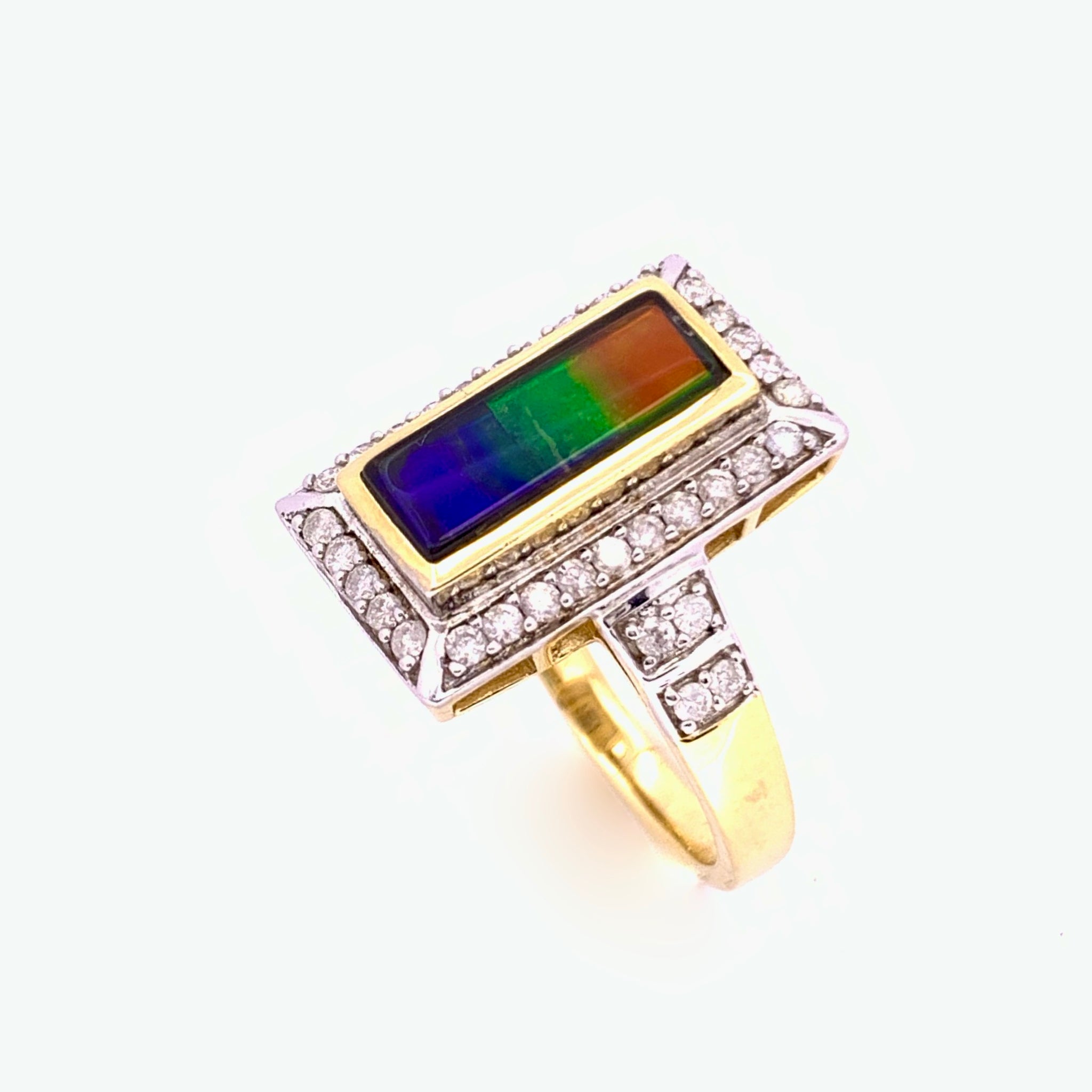 RECTANGLE SHAPE AMMOLITE AND DIAMOND RING