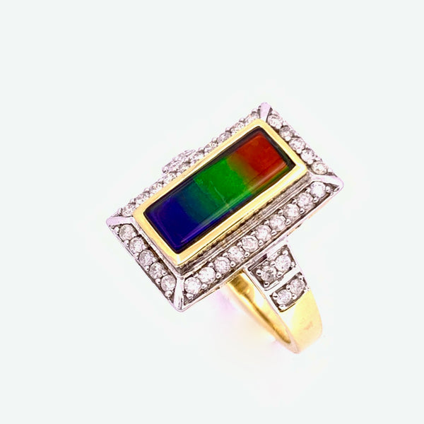 RECTANGLE SHAPE AMMOLITE AND DIAMOND RING