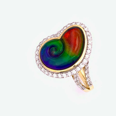 AMMONITE SHAPE AMMOLITE AND DIAMOND RING