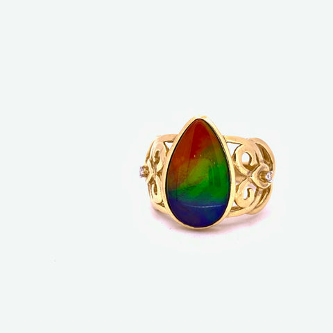 PEAR SHAPE AMMOLITE AND DIAMOND RING