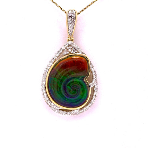 AMMONITE SHAPE AMMOLITE AND DIAMOND PENDANT