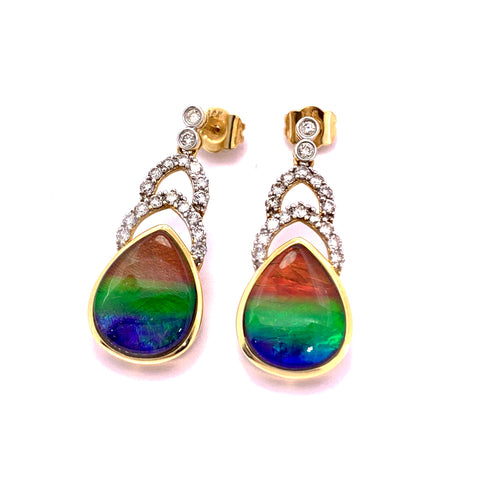 GORGEOUS! PEAR SHAPE AMMOLITE AND DIAMOND DANGLE EARRINGS