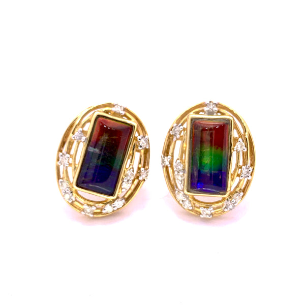 RECTANGULAR SHAPE AMMOLITE AND DIAMOND EARRINGS