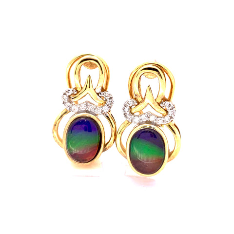 OVAL SHAPE AMMOLITE AND DIAMOND OMEGA BACK EARRINGS