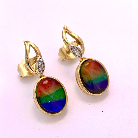 OVAL SHAPE AMMOLITE AND DIAMONDS DANGLE EARRINGS