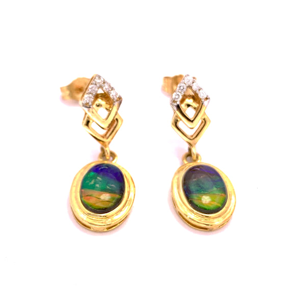 OVAL SHAPE AMMOLITE AND DIAMOND DANGLE EARRINGS