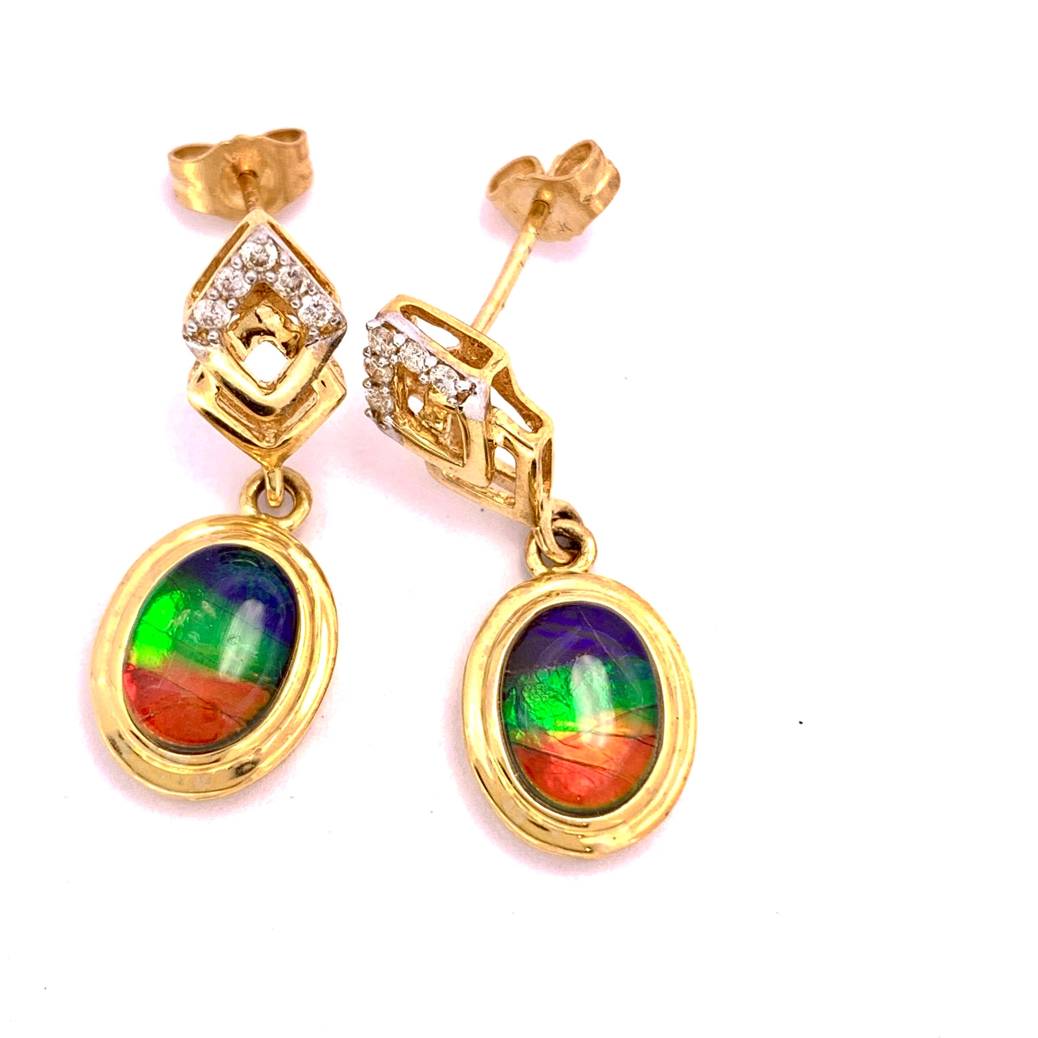 OVAL SHAPE AMMOLITE AND DIAMOND DANGLE EARRINGS