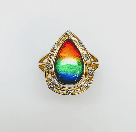 PEAR SHAPE AMMOLITE AND DIAMOND RING