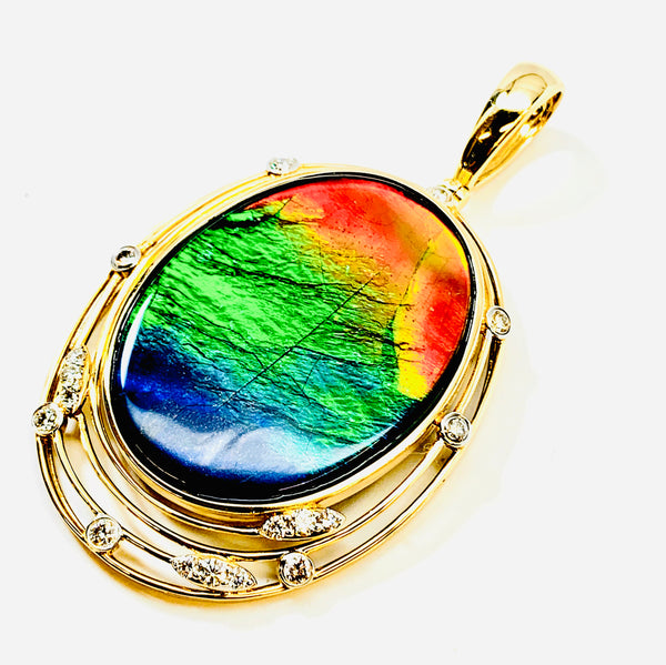 STUNNING! OVAL SHAPE AMMOLITE AND DIAMOND PENDANT