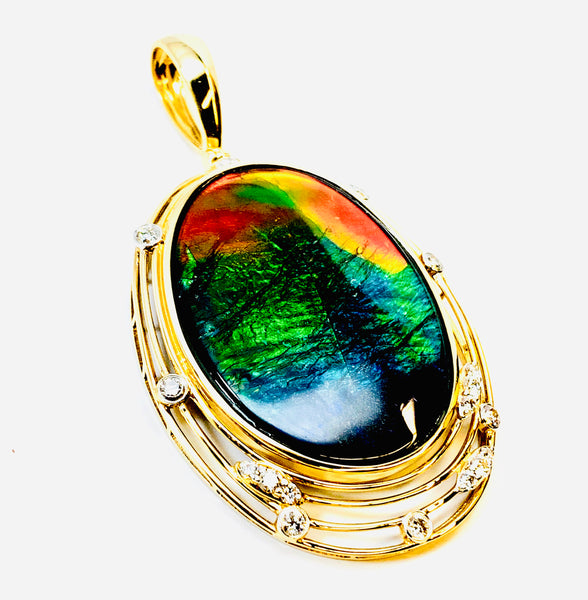 STUNNING! OVAL SHAPE AMMOLITE AND DIAMOND PENDANT