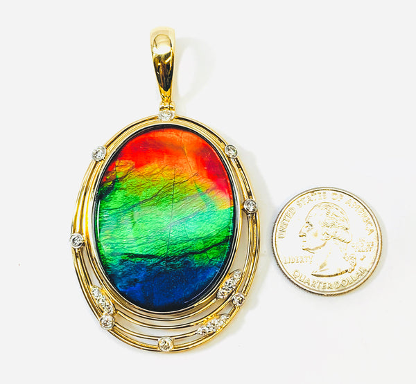 STUNNING! OVAL SHAPE AMMOLITE AND DIAMOND PENDANT