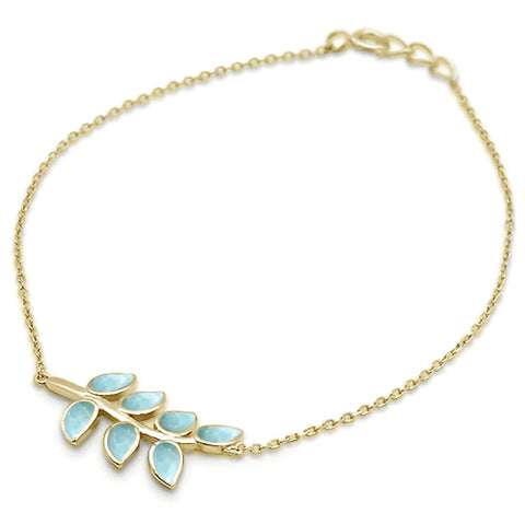 Yellow Gold Plated Natural Larimar Leaf Design Bracelet