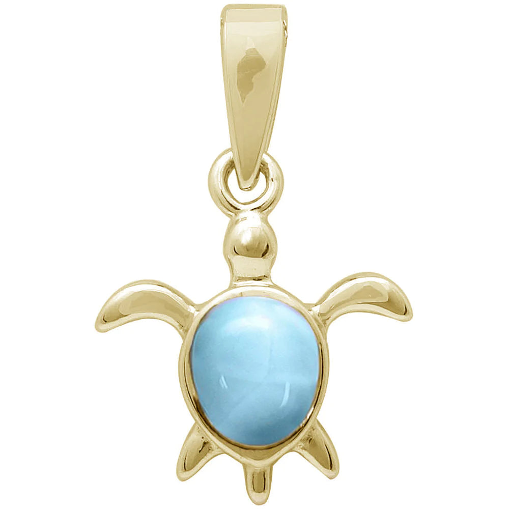 Yellow Gold Plated Natural Larimar Turtle Pendant