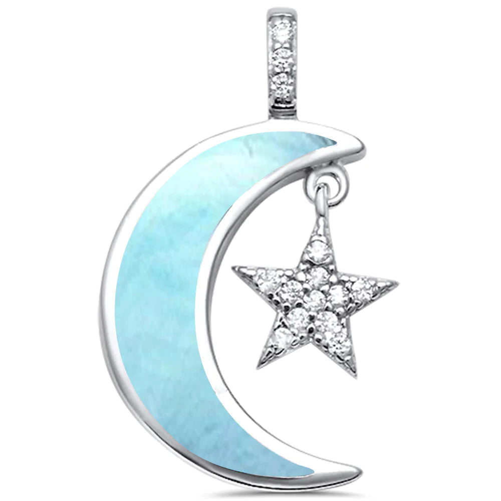 Natural Larimar Crescent Moon Star Pendant